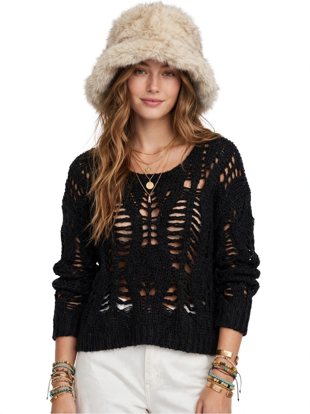 Cecico Anthropologie Blk Distressed Ladder Open Knit Sweater Chunk
